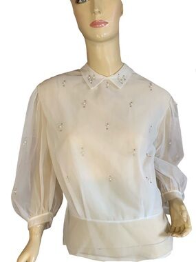 VINTAGE 1980'S WHITE ORGANZA PERRY SHEER BEAD ACCENT BLOUSE  NWT (M)